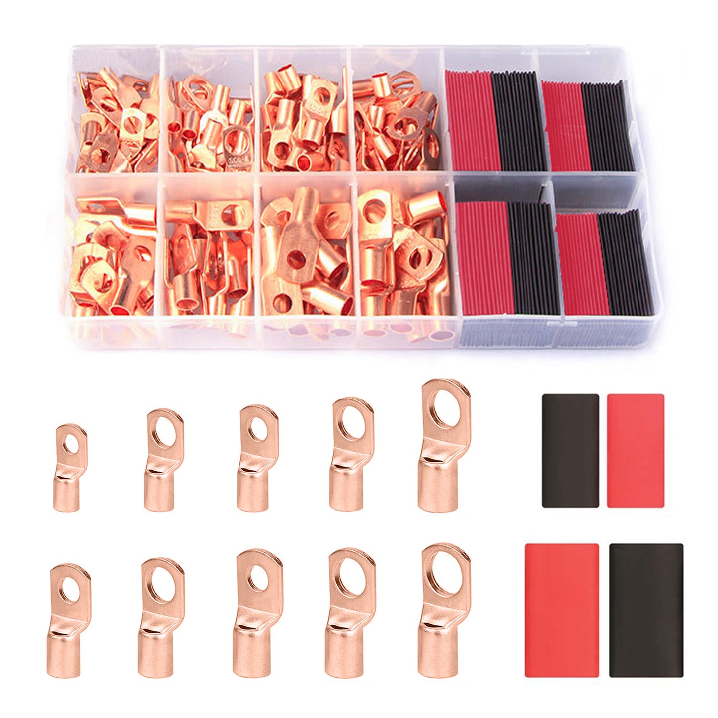 Scilulu 120Pcs Copper Wire Lugs AWG2 4 6 8 10 12 with Heat Shrink Set, 60Pcs Battery Cable Lugs Battery Cable Ends Ring Terminals Connectors with 60Pcs Heat Shrink Tubing Assortment Kit