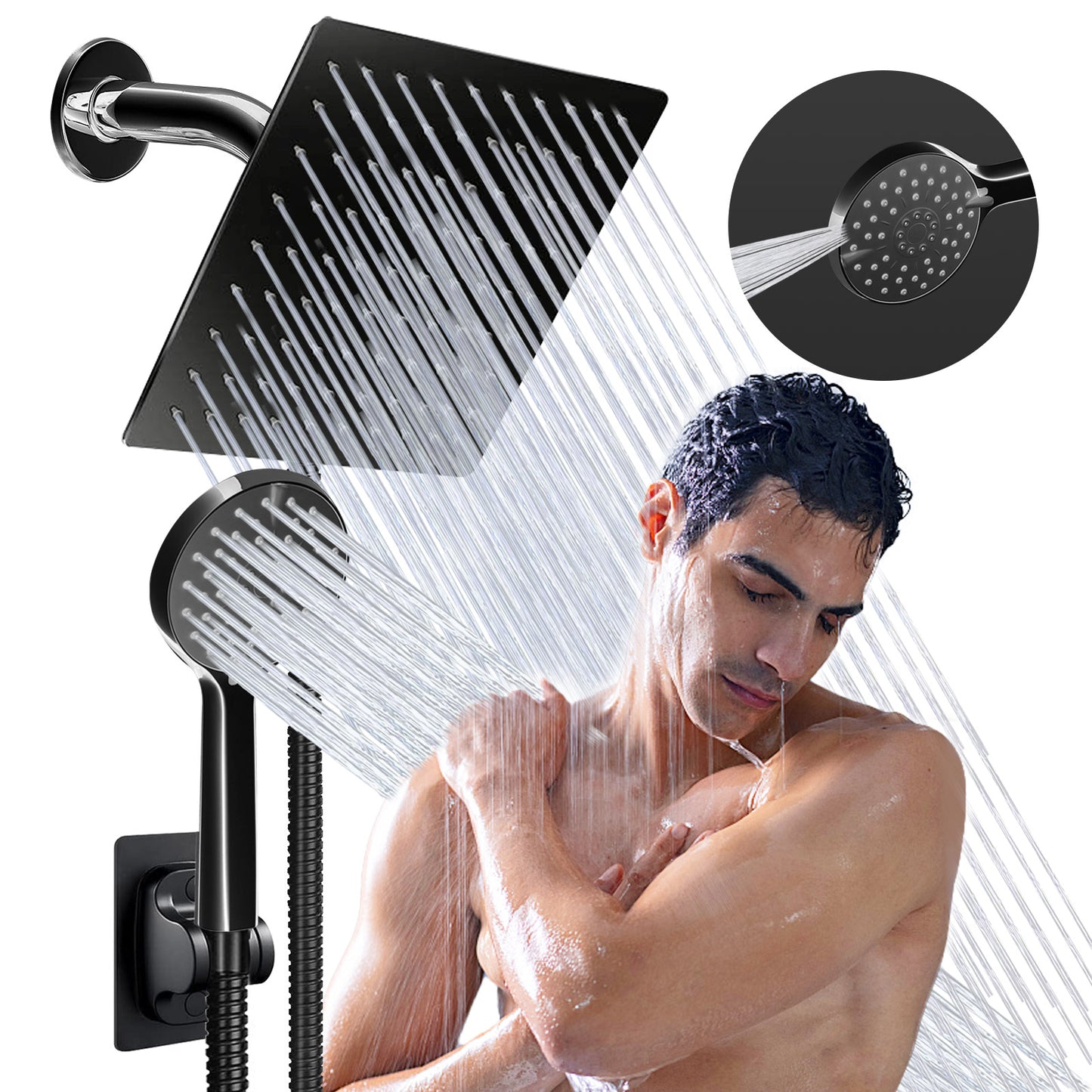 Shower Head, 8” Rain Shower Head with Handheld Spray High Pressure Rainfall with 5FT Hose, Flow Regulator, NozzleEasy to Clean Bathtub or Pets,Chrome