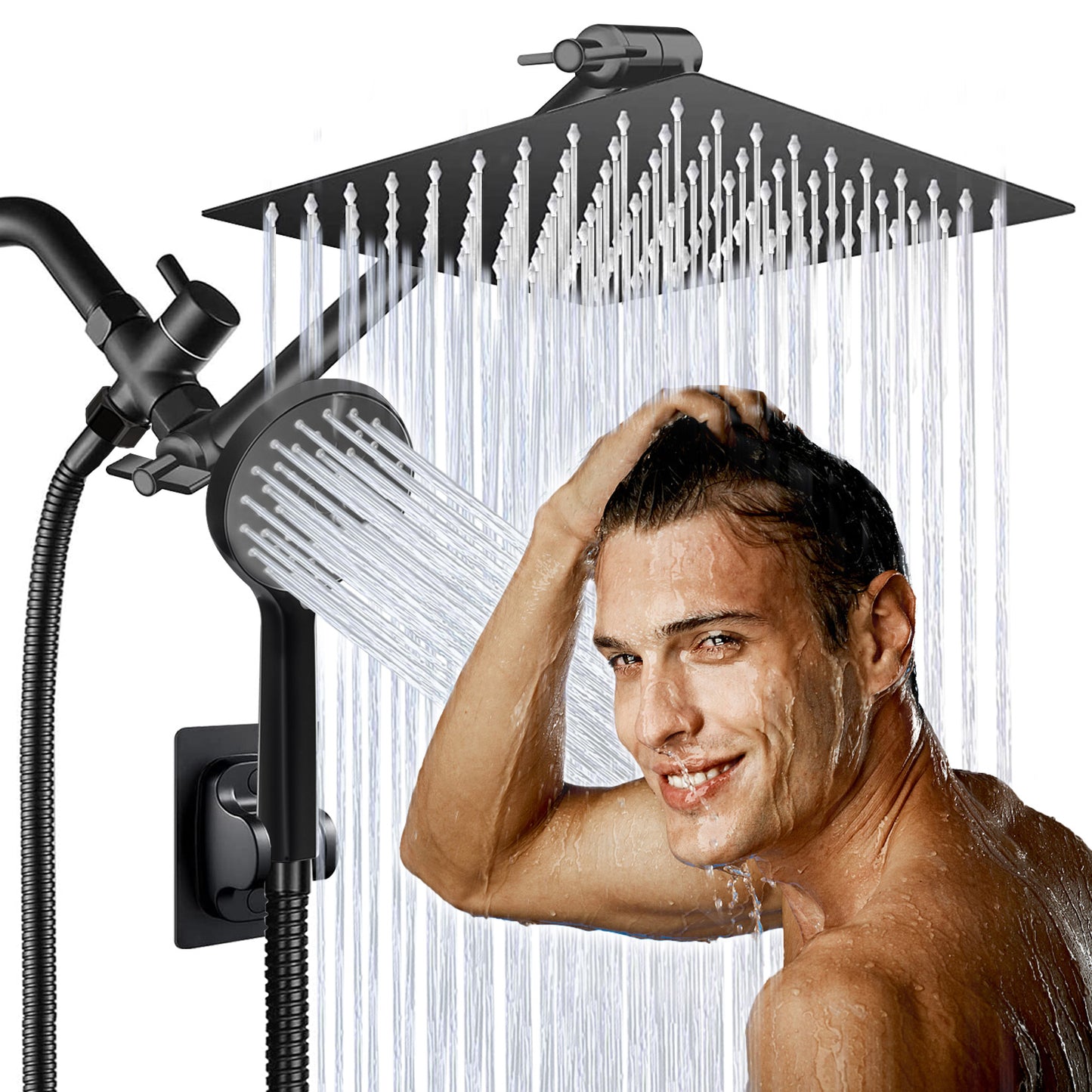 Shower Head,10”Rain Shower Head with Handheld Spray Combo with ON/OFF Pause Switch and 11'' Angle Adjustable Extension Arm/Flow Regulator,Shower Heads High Pressure Easy to Clean Bathtub,Matt Black