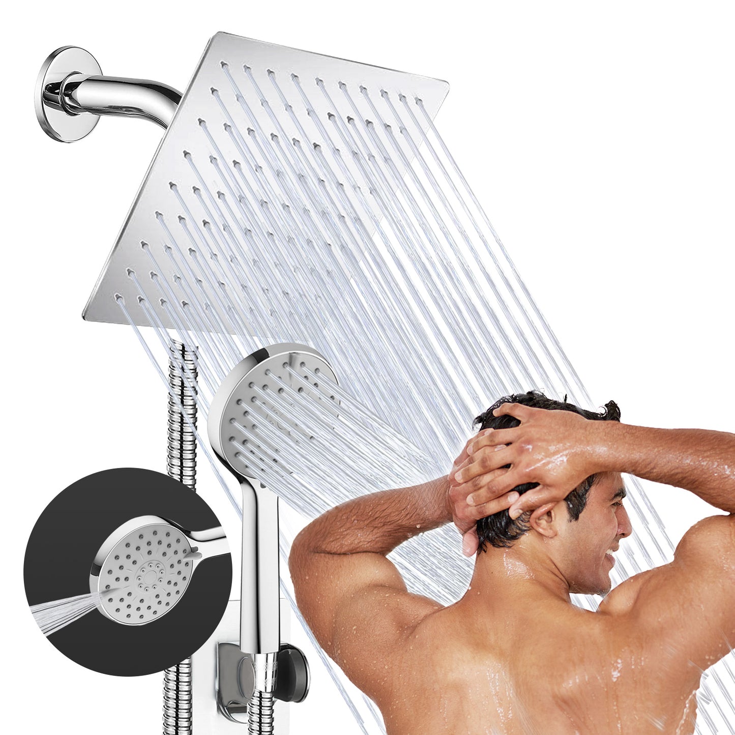 Shower Head, 8” Rain Shower Head with Handheld Spray High Pressure Rainfall with 5FT Hose, Flow Regulator, NozzleEasy to Clean Bathtub or Pets,Chrome