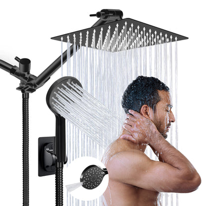 Shower Head,8”Rain Shower Head with Handheld Spray Combo with ON/OFF Pause Switch and 11'' Angle Adjustable Extension Arm/Flow Regulator,Shower Heads High Pressure Easy to Clean Bathtub,Matt Black