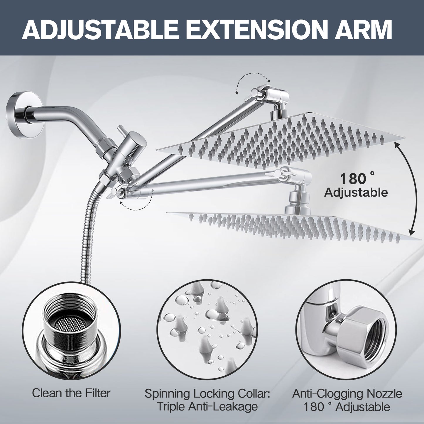 Shower Head,8”Rain Shower Head with Handheld Spray Combo with ON/OFF Pause Switch and 11'' Angle Adjustable Extension Arm/Flow Regulator，High Pressure Nozzle Easy to Clean Bathtub,Chrome (silver-4)