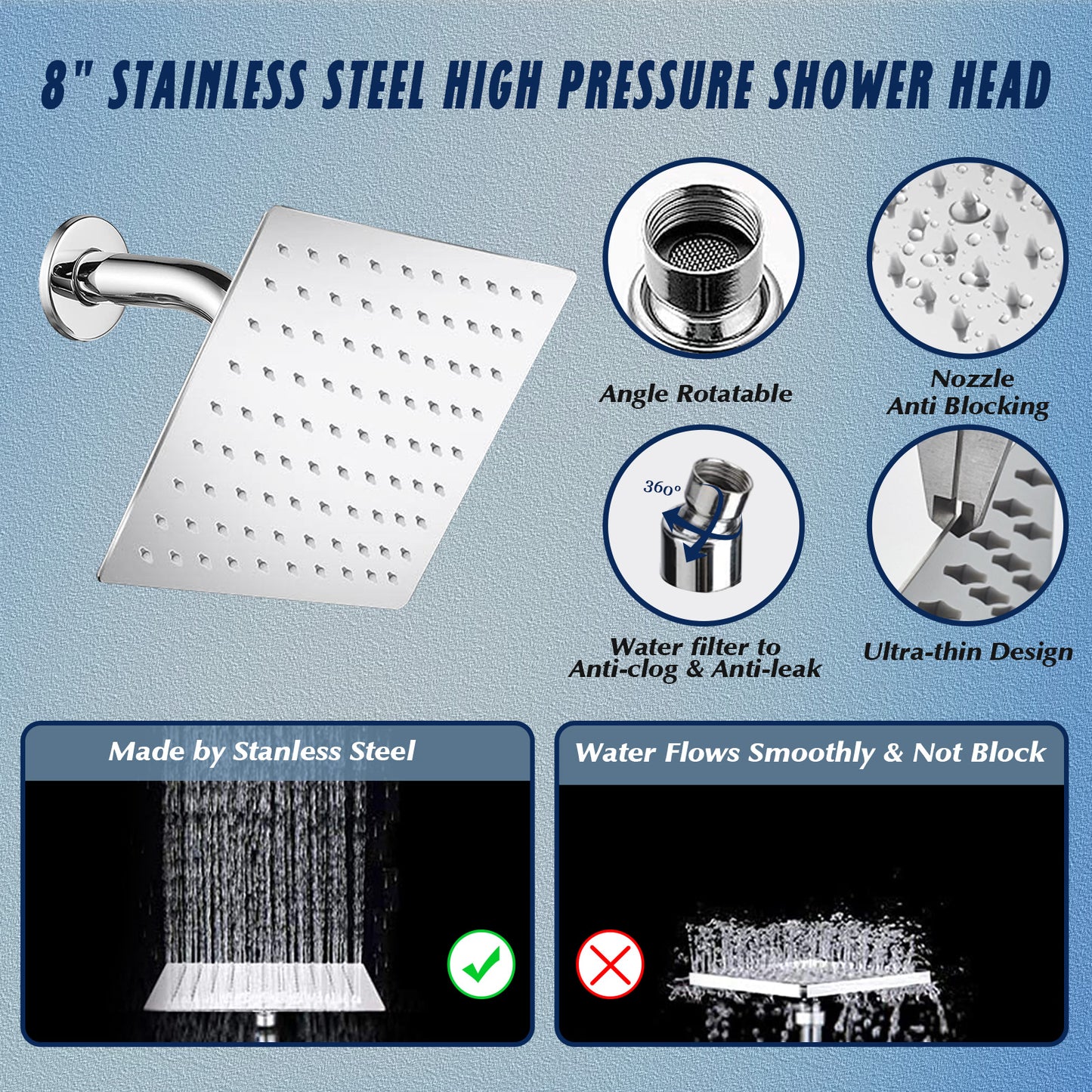 Shower Head, 8” Rain Shower Head with Handheld Spray High Pressure Rainfall with 5FT Hose, Flow Regulator, NozzleEasy to Clean Bathtub or Pets,Chrome