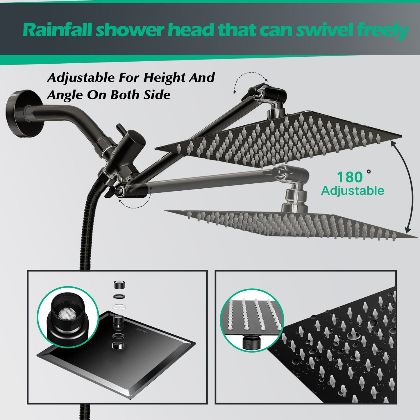 Shower Head,10”Rain Shower Head with Handheld Spray Combo with ON/OFF Pause Switch and 11'' Angle Adjustable Extension Arm/Flow Regulator,Shower Heads High Pressure Easy to Clean Bathtub,Matt Black