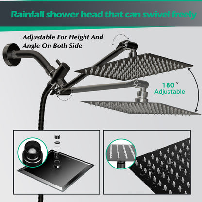 Shower Head,10”Rain Shower Head with Handheld Spray Combo with ON/OFF Pause Switch and 11'' Angle Adjustable Extension Arm/Flow Regulator,Shower Heads High Pressure Easy to Clean Bathtub,Matt Black