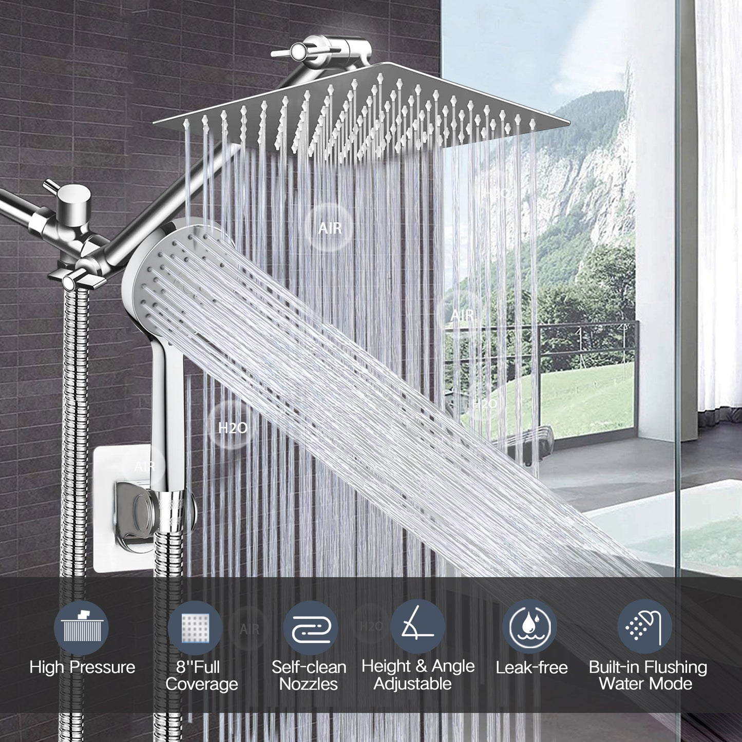 Shower Head,8”Rain Shower Head with Handheld Spray Combo with ON/OFF Pause Switch and 11'' Angle Adjustable Extension Arm/Flow Regulator，High Pressure Nozzle Easy to Clean Bathtub,Chrome (silver-4)