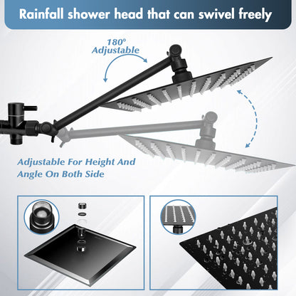 Shower Head,8”Rain Shower Head with Handheld Spray Combo with ON/OFF Pause Switch and 11'' Angle Adjustable Extension Arm/Flow Regulator,Shower Heads High Pressure Easy to Clean Bathtub,Matt Black