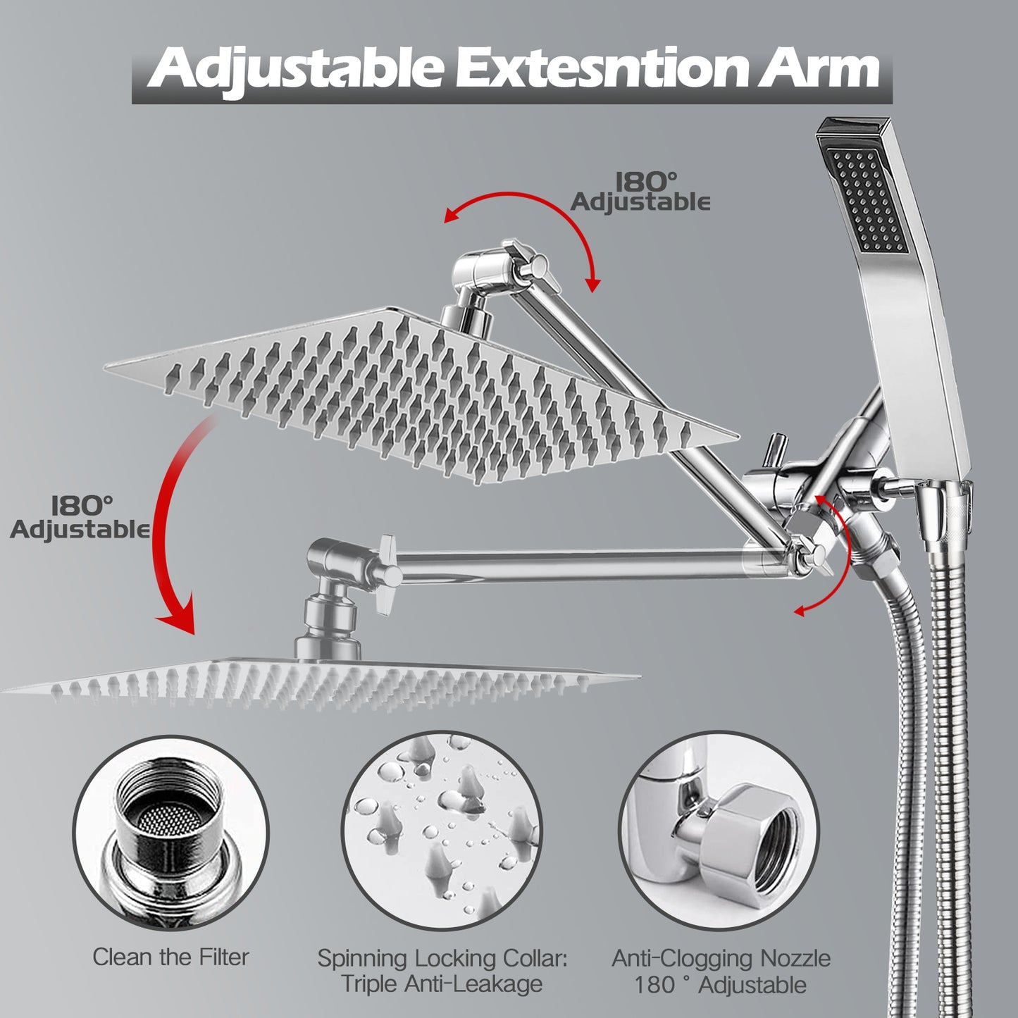 8'' Shower Head,Shower Head with Handheld, High Pressure Rain Shower Head with Stainless Steel Long Hose for Bathroom