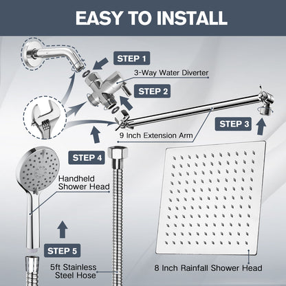 Shower Head,8”Rain Shower Head with Handheld Spray Combo with ON/OFF Pause Switch and 11'' Angle Adjustable Extension Arm/Flow Regulator，High Pressure Nozzle Easy to Clean Bathtub,Chrome (silver-4)