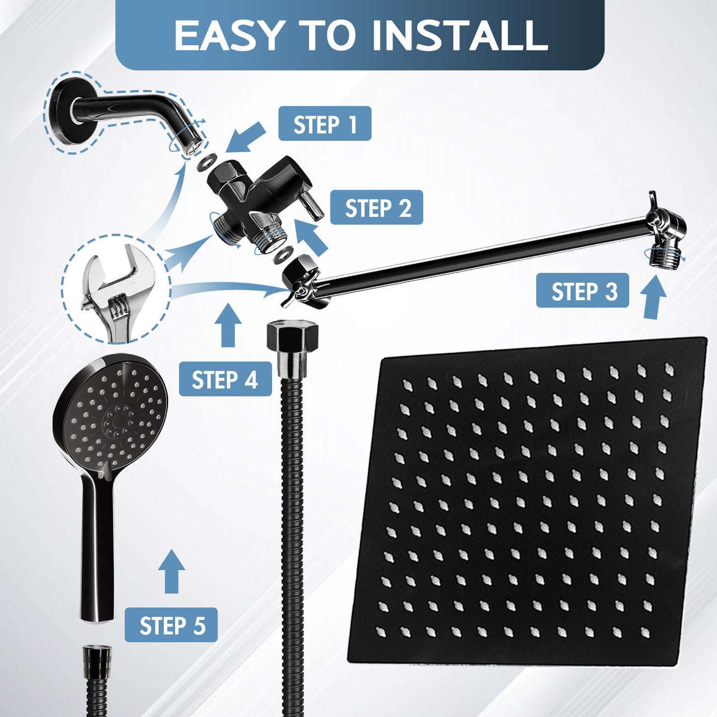 Shower Head,8”Rain Shower Head with Handheld Spray Combo with ON/OFF Pause Switch and 11'' Angle Adjustable Extension Arm/Flow Regulator,Shower Heads High Pressure Easy to Clean Bathtub,Matt Black