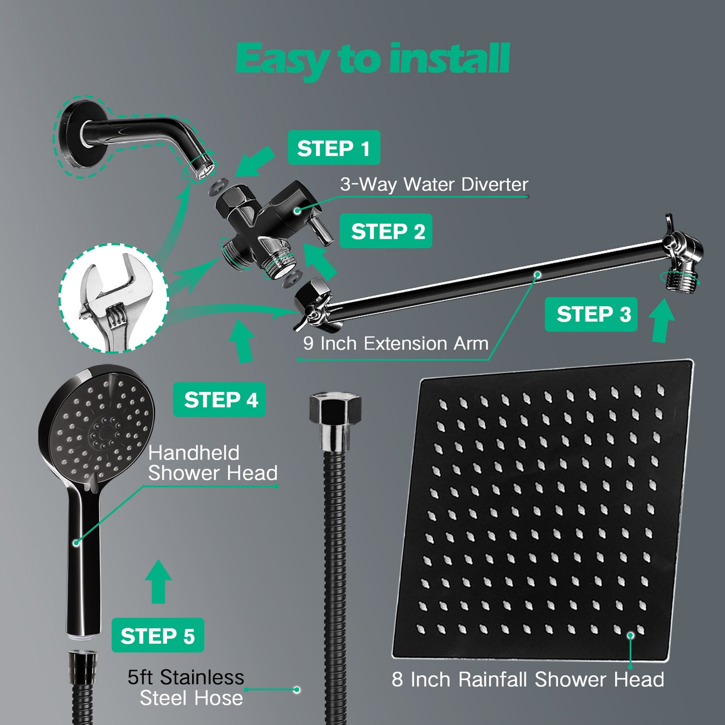 Shower Head,10”Rain Shower Head with Handheld Spray Combo with ON/OFF Pause Switch and 11'' Angle Adjustable Extension Arm/Flow Regulator,Shower Heads High Pressure Easy to Clean Bathtub,Matt Black